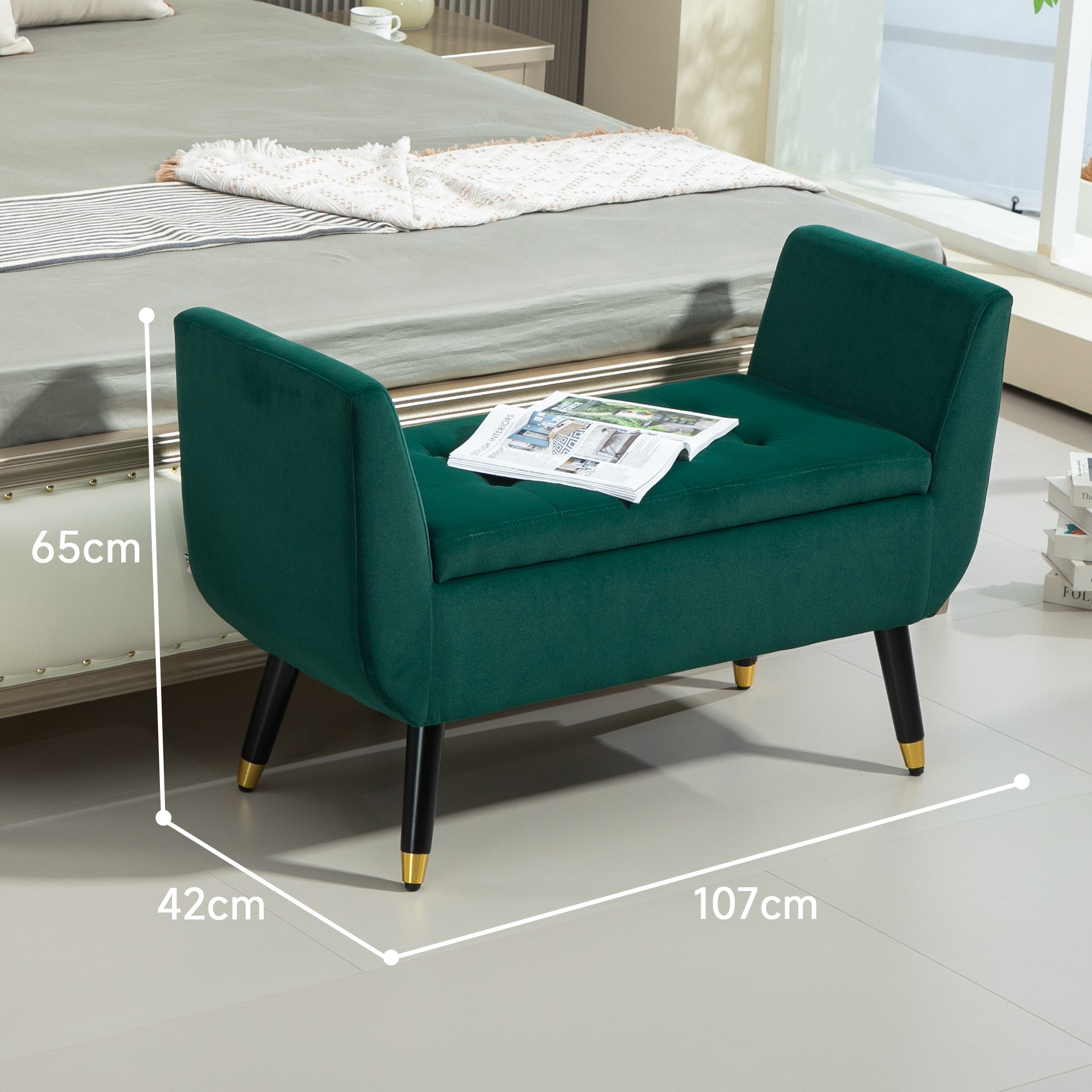 Storage Bench with Armrests Velvet Upholstered Bench with Wooden Legs, Storage Chest for Living Room Bedroom Hallway 107 x 42 x 65 cm, Green