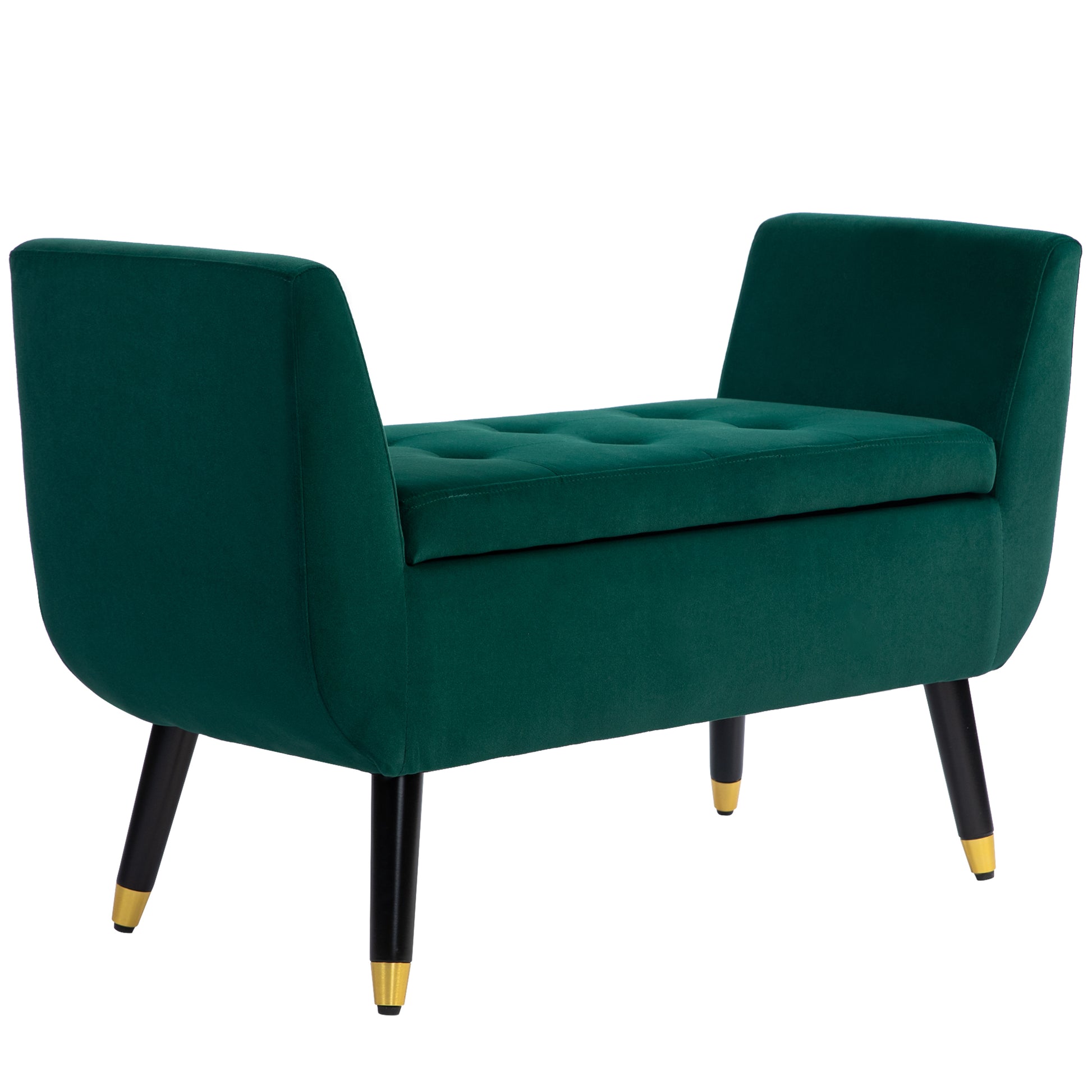 Storage Bench with Armrests Velvet Upholstered Bench with Wooden Legs, Storage Chest for Living Room Bedroom Hallway 107 x 42 x 65 cm, Green