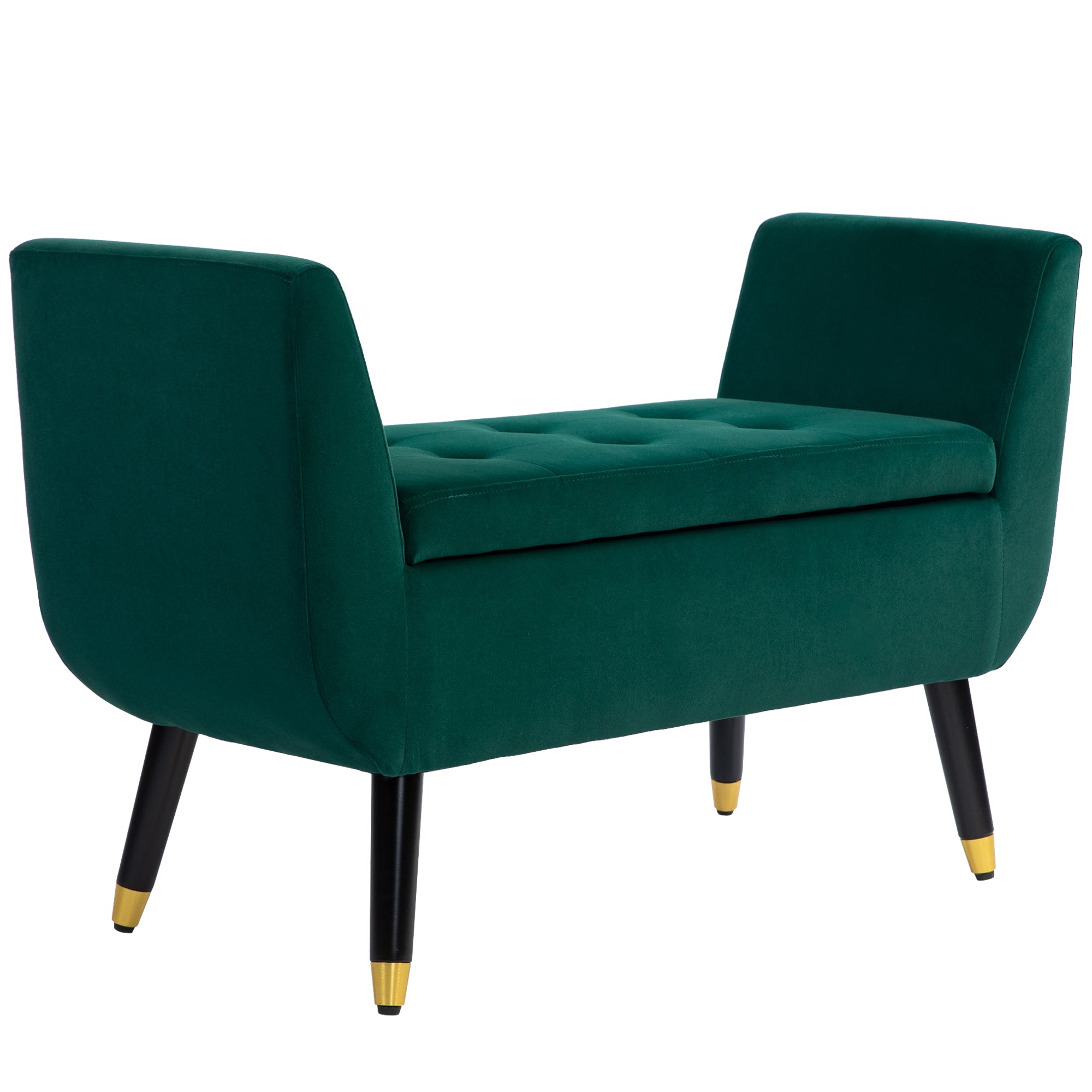 Storage Bench with Armrests Velvet Upholstered Bench with Wooden Legs, Storage Chest for Living Room Bedroom Hallway 107 x 42 x 65 cm, Green