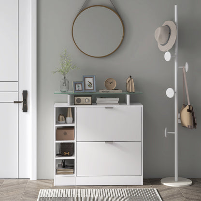 Modern Shoe Cabinet Entryway Shoe Rack with Foldable Drawers Adjustable Shelves and Open Shelves for 12 Pairs of Shoes Narrow Shoe Storage for Hallway 89x25x92 cm White