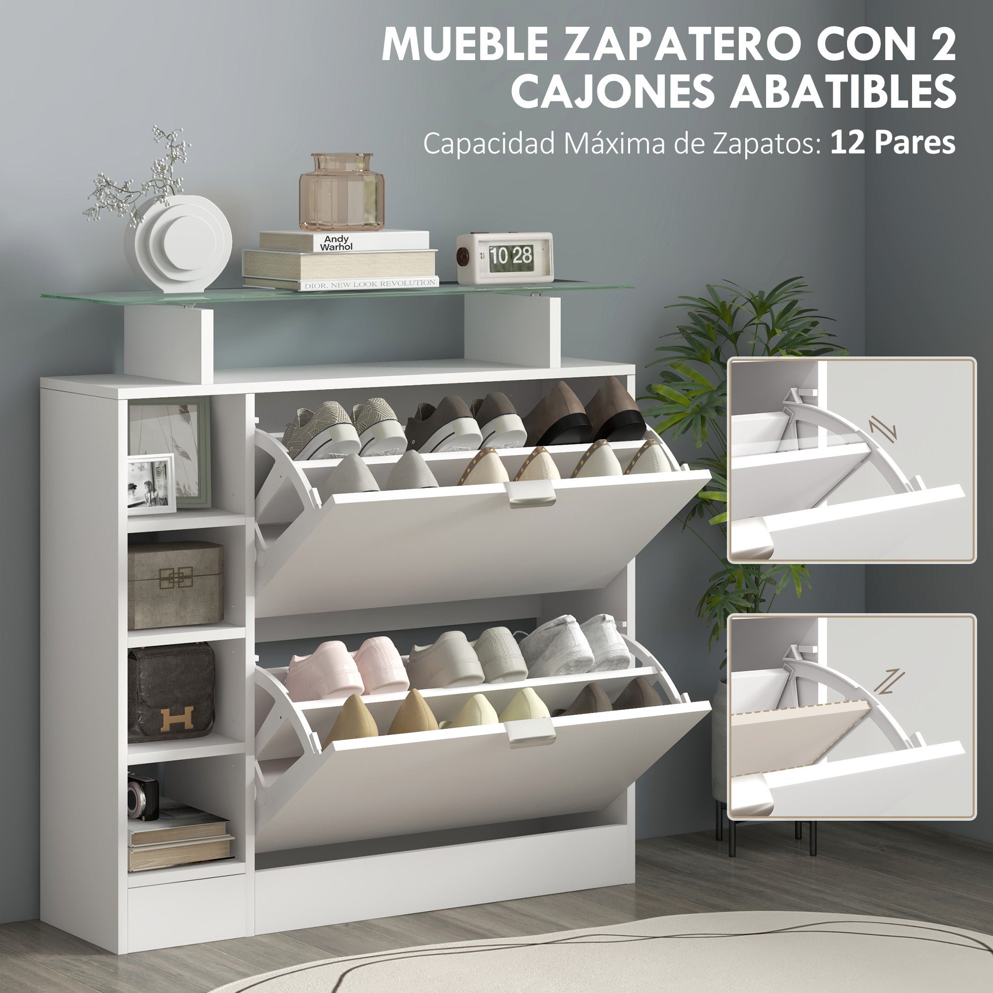 Modern Shoe Cabinet Entryway Shoe Rack with Foldable Drawers Adjustable Shelves and Open Shelves for 12 Pairs of Shoes Narrow Shoe Storage for Hallway 89x25x92 cm White