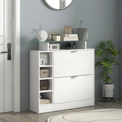 Modern Shoe Cabinet Entryway Shoe Rack with Foldable Drawers Adjustable Shelves and Open Shelves for 12 Pairs of Shoes Narrow Shoe Storage for Hallway 89x25x92 cm White