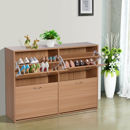 Slim Entry Shoe Rack with 4 Fold-Down Doors, Modern Shoe Storage for 24 Pairs of Shoes with Adjustable Shelves, Wood Color, 120x24x81cm