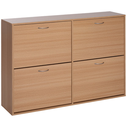 Slim Entry Shoe Rack with 4 Fold-Down Doors, Modern Shoe Storage for 24 Pairs of Shoes with Adjustable Shelves, Wood Color, 120x24x81cm