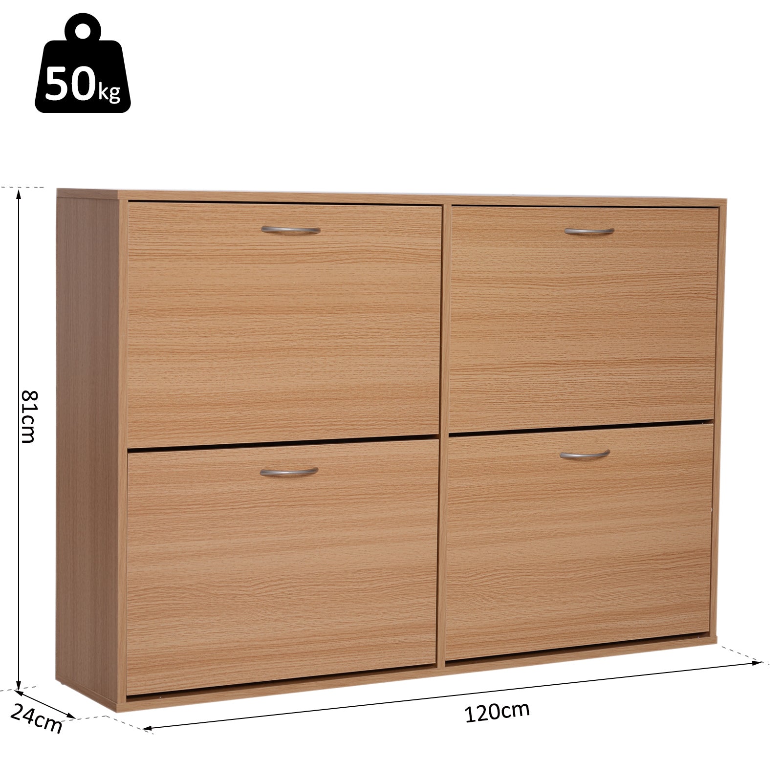Slim Entry Shoe Rack with 4 Fold-Down Doors, Modern Shoe Storage for 24 Pairs of Shoes with Adjustable Shelves, Wood Color, 120x24x81cm