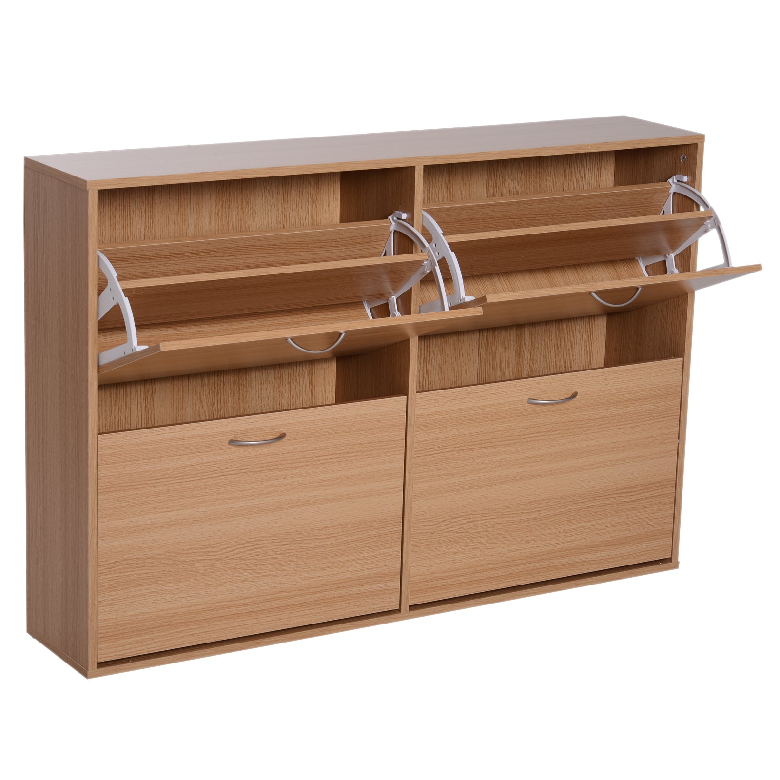 Slim Entry Shoe Rack with 4 Fold-Down Doors, Modern Shoe Storage for 24 Pairs of Shoes with Adjustable Shelves, Wood Color, 120x24x81cm