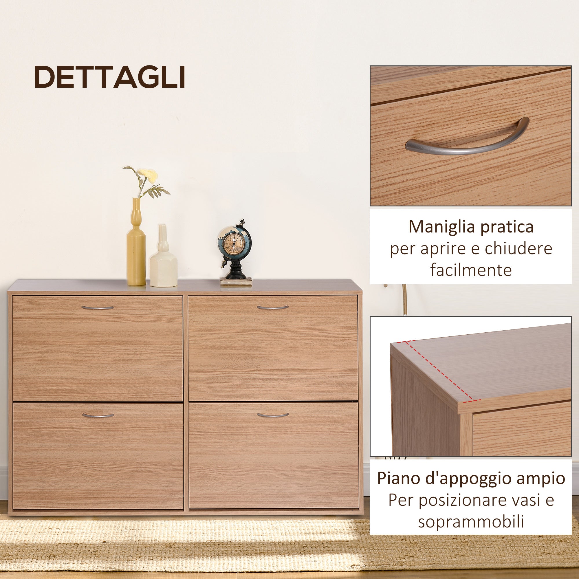 Slim Entry Shoe Rack with 4 Fold-Down Doors, Modern Shoe Storage for 24 Pairs of Shoes with Adjustable Shelves, Wood Color, 120x24x81cm