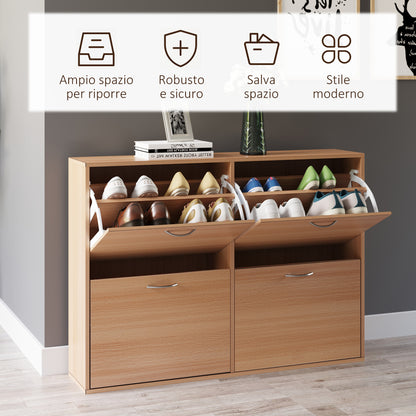 Slim Entry Shoe Rack with 4 Fold-Down Doors, Modern Shoe Storage for 24 Pairs of Shoes with Adjustable Shelves, Wood Color, 120x24x81cm