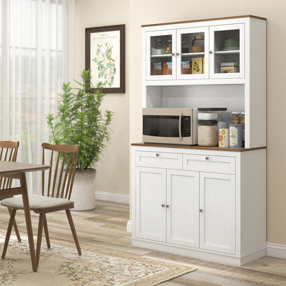 Kitchen Pantry Auxiliary Kitchen Cabinet Kitchen Buffet with 3 Glass Doors Open Compartment 2 Drawers and Adjustable Shelves 100x40x180 cm White