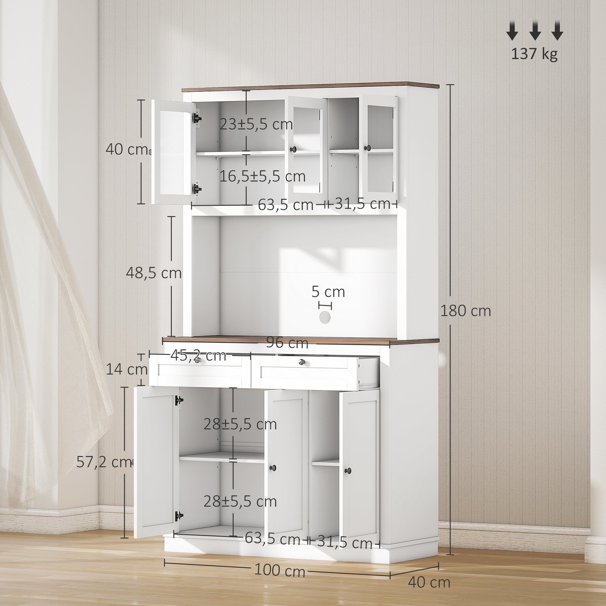 Kitchen Pantry Auxiliary Kitchen Cabinet Kitchen Buffet with 3 Glass Doors Open Compartment 2 Drawers and Adjustable Shelves 100x40x180 cm White