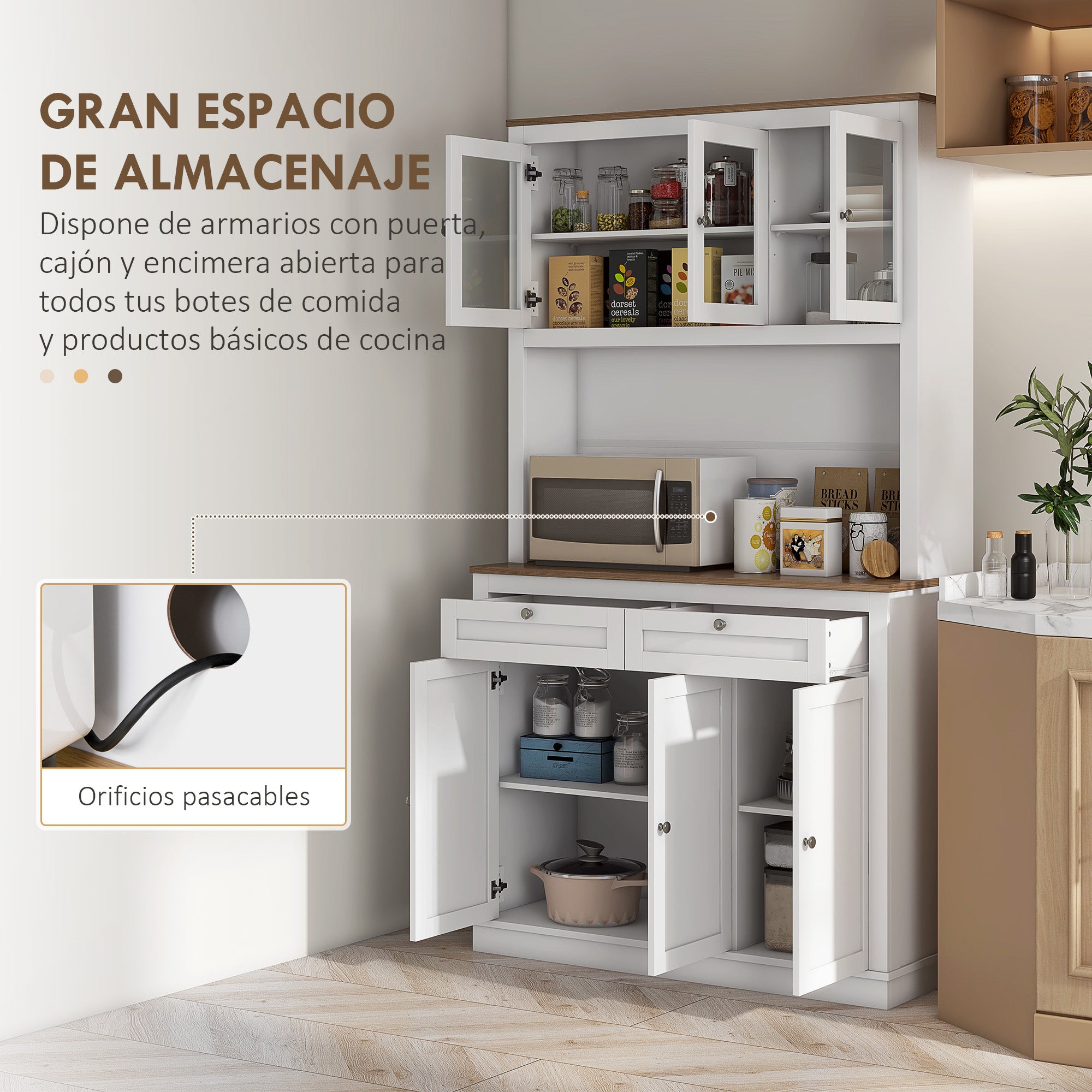 Kitchen Pantry Auxiliary Kitchen Cabinet Kitchen Buffet with 3 Glass Doors Open Compartment 2 Drawers and Adjustable Shelves 100x40x180 cm White