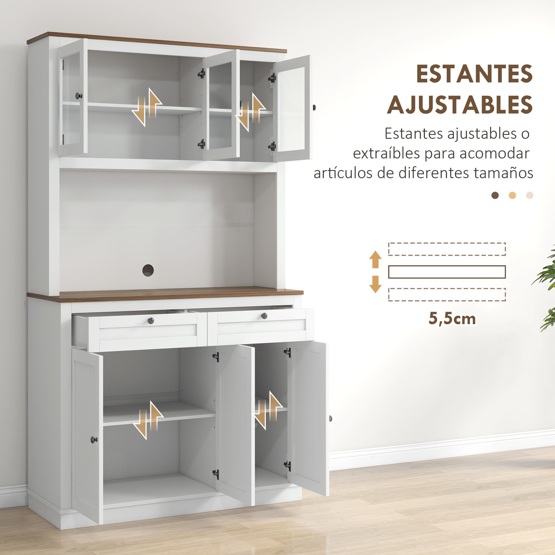 Kitchen Pantry Auxiliary Kitchen Cabinet Kitchen Buffet with 3 Glass Doors Open Compartment 2 Drawers and Adjustable Shelves 100x40x180 cm White