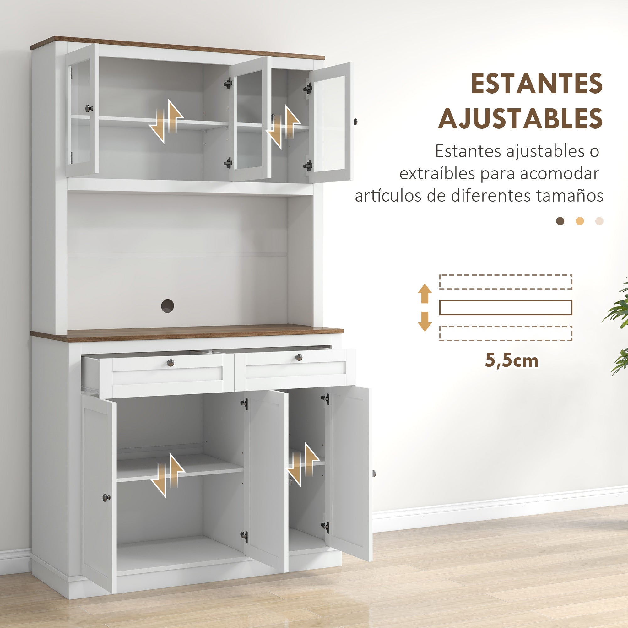 Kitchen Pantry Auxiliary Kitchen Cabinet Kitchen Buffet with 3 Glass Doors Open Compartment 2 Drawers and Adjustable Shelves 100x40x180 cm White