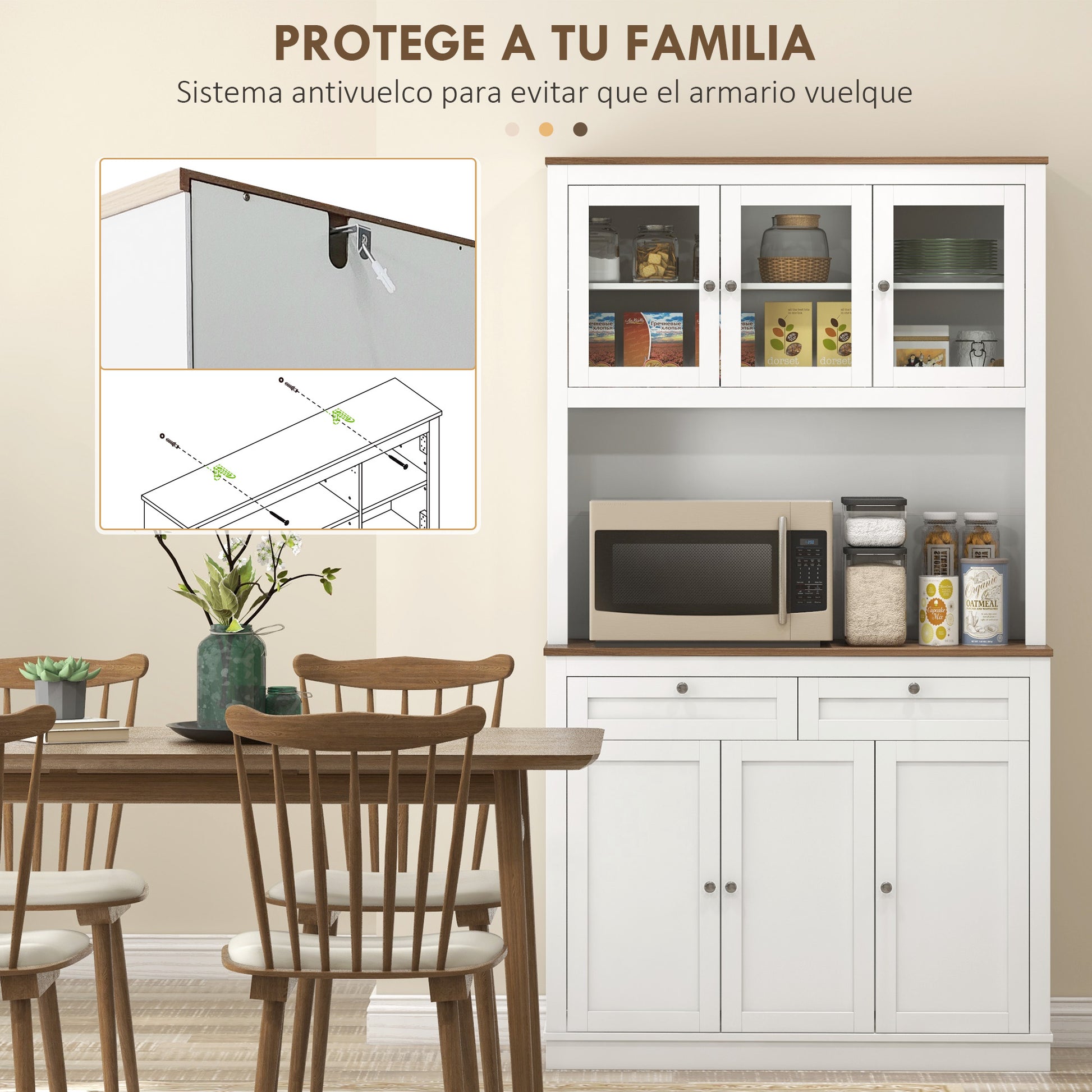 Kitchen Pantry Auxiliary Kitchen Cabinet Kitchen Buffet with 3 Glass Doors Open Compartment 2 Drawers and Adjustable Shelves 100x40x180 cm White