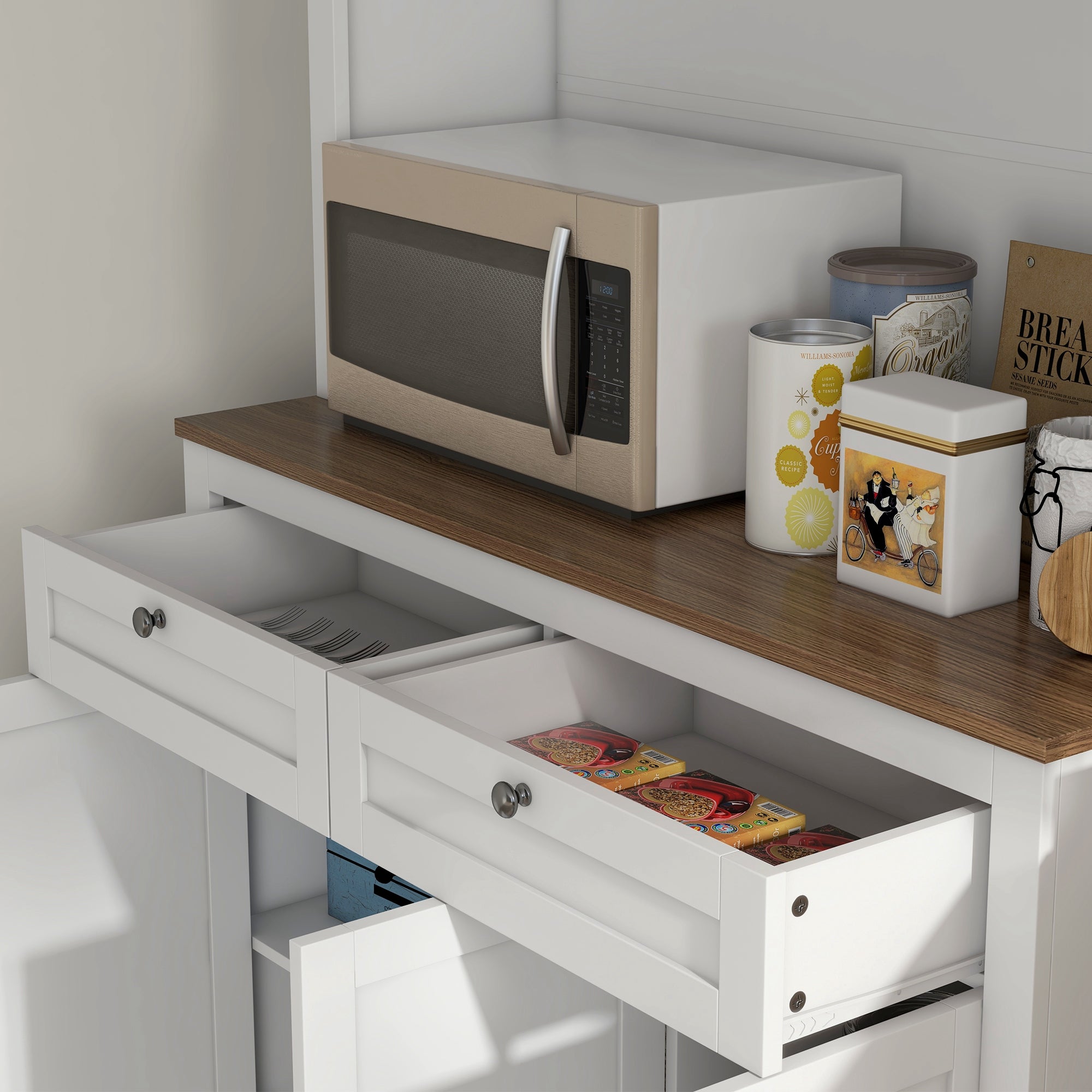 Kitchen Pantry Auxiliary Kitchen Cabinet Kitchen Buffet with 3 Glass Doors Open Compartment 2 Drawers and Adjustable Shelves 100x40x180 cm White
