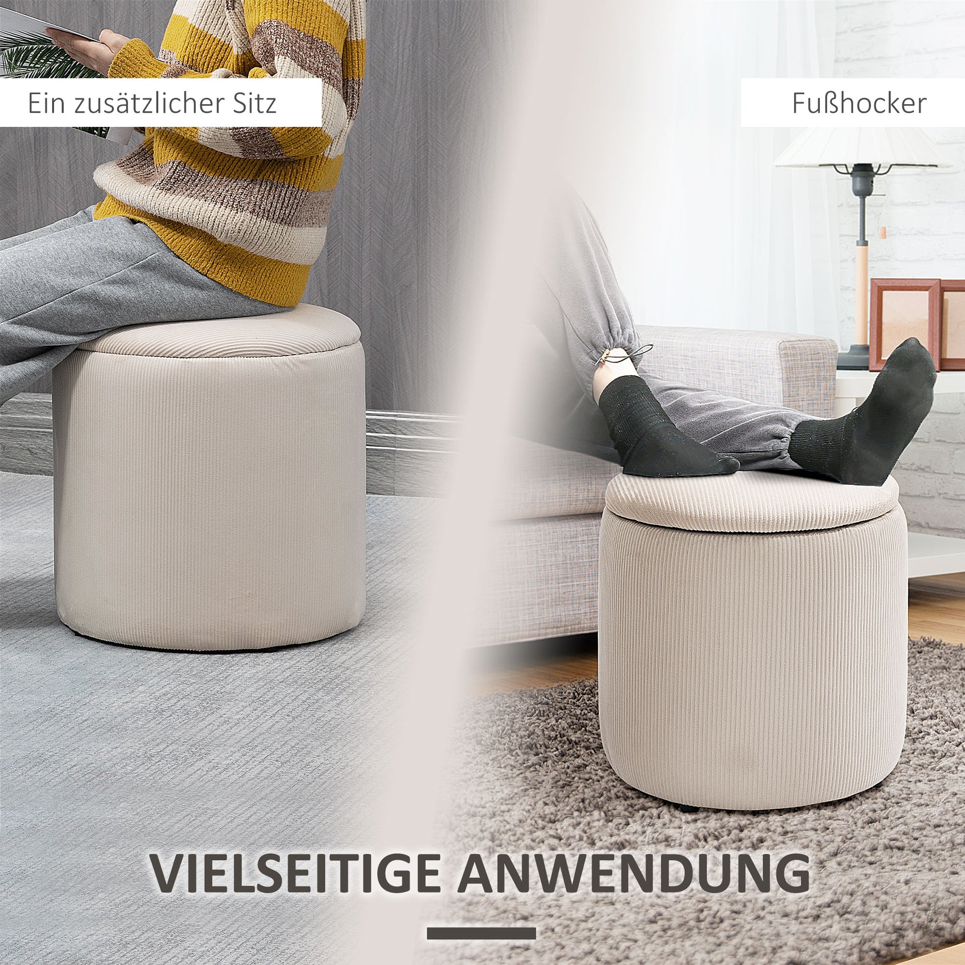 2-Piece Round Storage Ottoman Footstool Set with Removable Lid in Corduroy Look Cream White