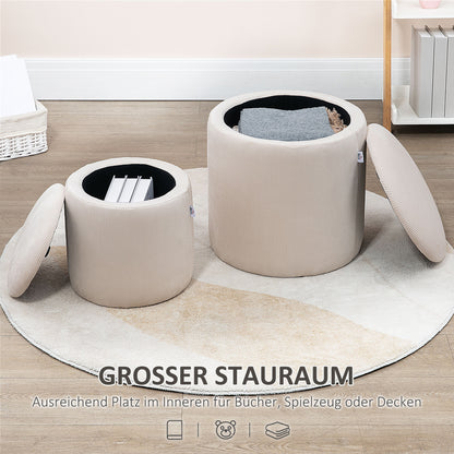2-Piece Round Storage Ottoman Footstool Set with Removable Lid in Corduroy Look Cream White