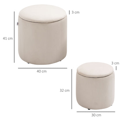 2-Piece Round Storage Ottoman Footstool Set with Removable Lid in Corduroy Look Cream White