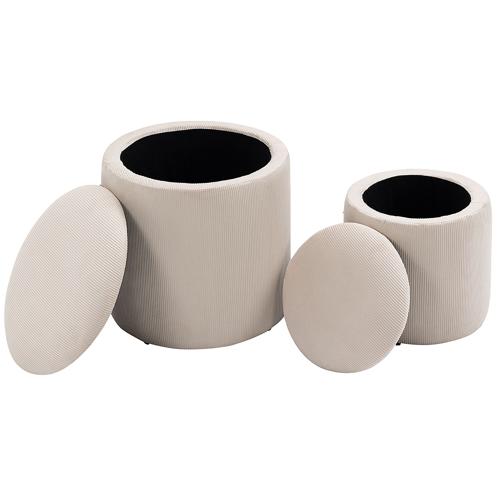 2-Piece Round Storage Ottoman Footstool Set with Removable Lid in Corduroy Look Cream White