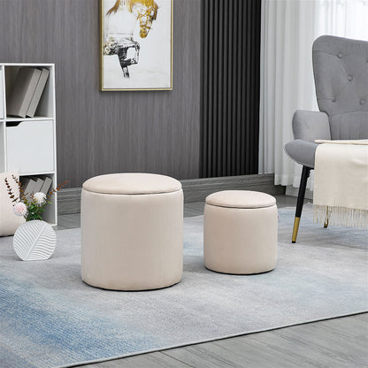 2-Piece Round Storage Ottoman Footstool Set with Removable Lid in Corduroy Look Cream White