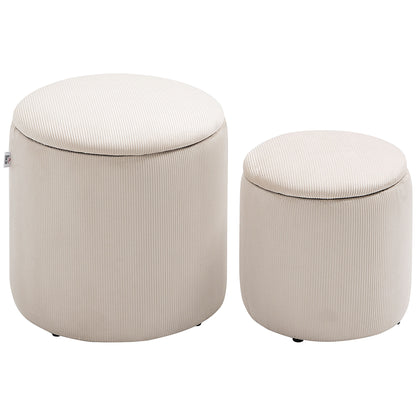 2-Piece Round Storage Ottoman Footstool Set with Removable Lid in Corduroy Look Cream White