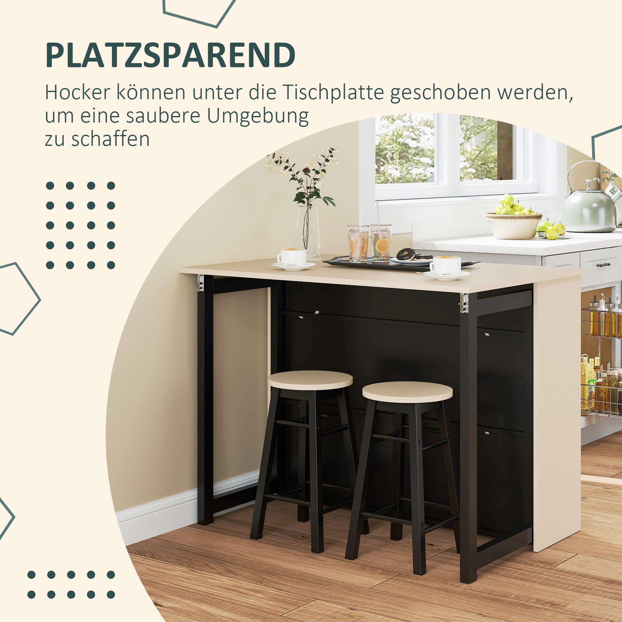 Bar Table with Bar Stool Set, Bar Table Set for 2 Persons, Dining Table with Folding Tabletop, Cabinet, 2 Chairs, Footrest, Modern Counter Table for Dining Room, Oak