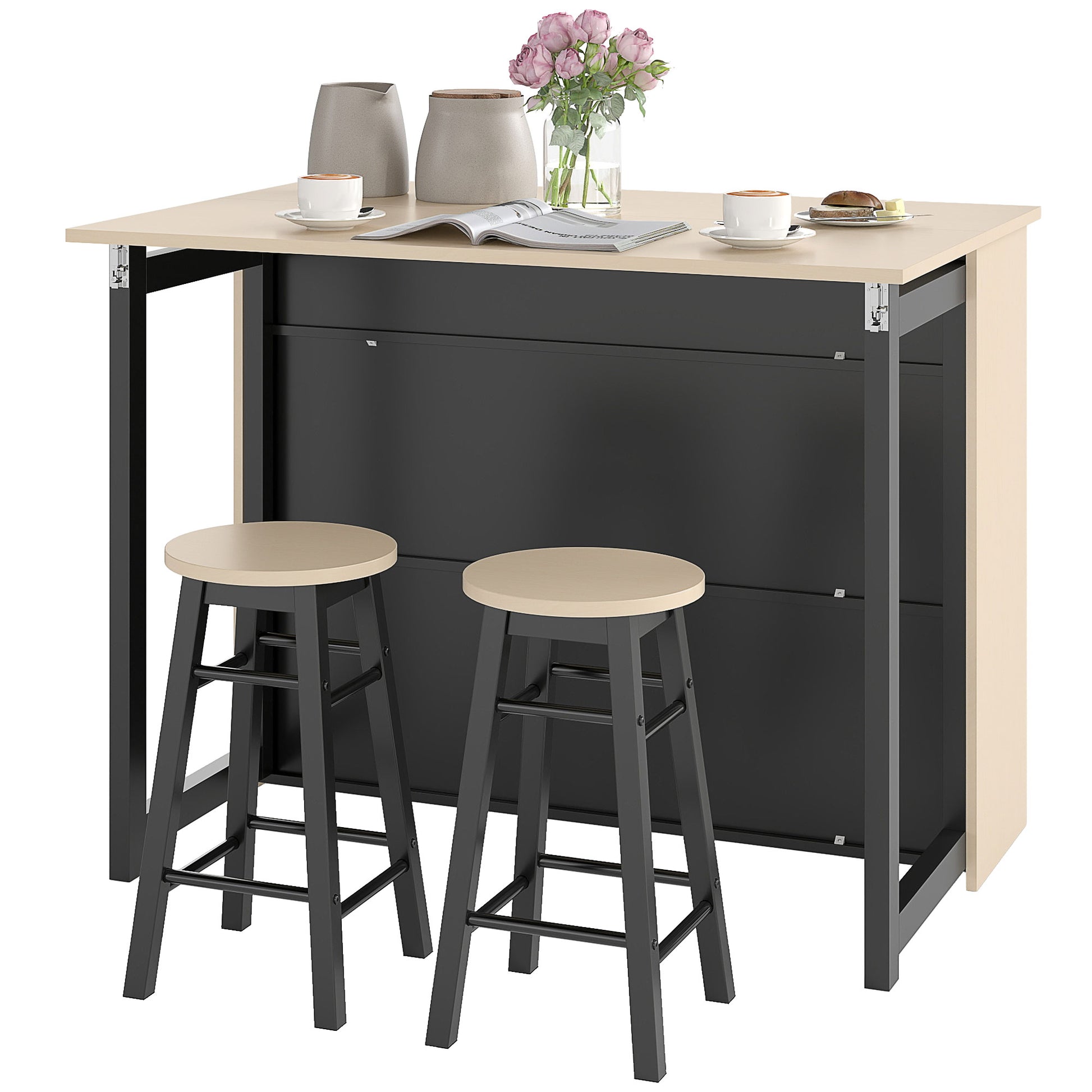 Bar Table with Bar Stool Set, Bar Table Set for 2 Persons, Dining Table with Folding Tabletop, Cabinet, 2 Chairs, Footrest, Modern Counter Table for Dining Room, Oak