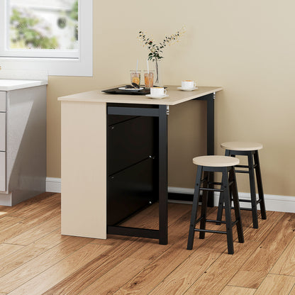 Bar Table with Bar Stool Set, Bar Table Set for 2 Persons, Dining Table with Folding Tabletop, Cabinet, 2 Chairs, Footrest, Modern Counter Table for Dining Room, Oak