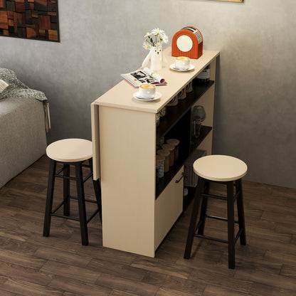 Bar Table with Bar Stool Set, Bar Table Set for 2 Persons, Dining Table with Folding Tabletop, Cabinet, 2 Chairs, Footrest, Modern Counter Table for Dining Room, Oak