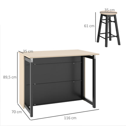 Bar Table with Bar Stool Set, Bar Table Set for 2 Persons, Dining Table with Folding Tabletop, Cabinet, 2 Chairs, Footrest, Modern Counter Table for Dining Room, Oak