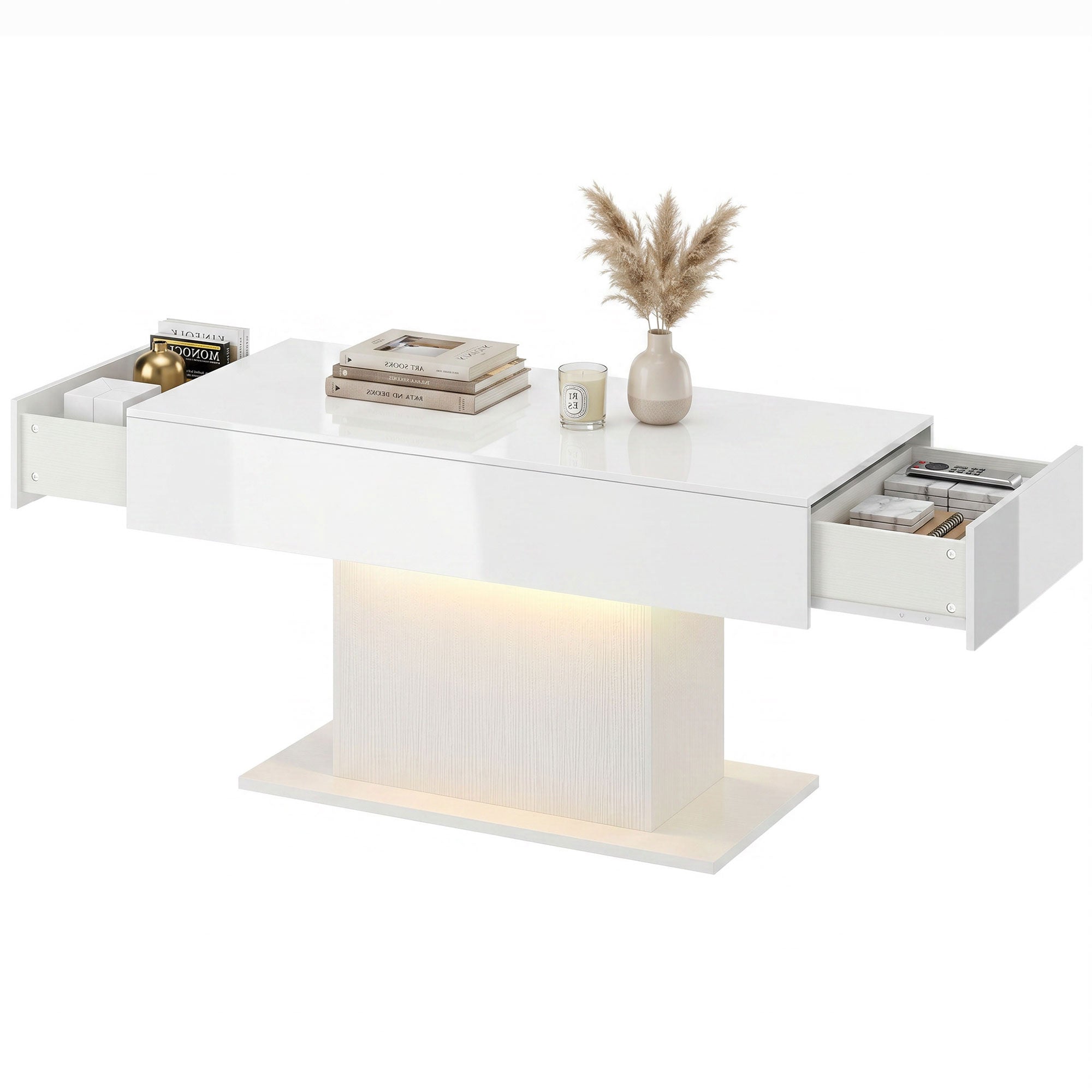 High-Gloss Coffee Table with LED Lighting, Modern Side Table with 2 Drawers, Remote-Controlled, 108 x 48 x 55 cm (42.5 x 18.9 x 21.7 in) – White