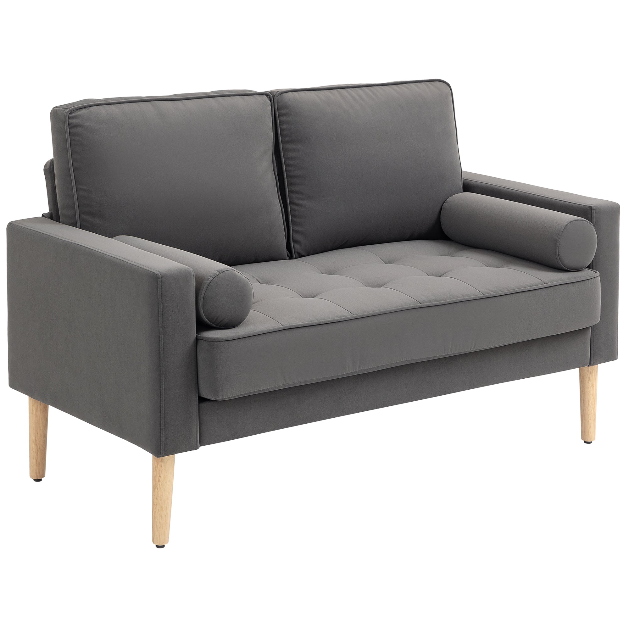2-Seater Modern Velvet Sofa 127 cm, Thick Spring Cushions, Rubberwood Legs, 2 Pillows and Tufted Seat, 2-Seat Couch for Living Room, Bedroom, Small Spaces, Gray