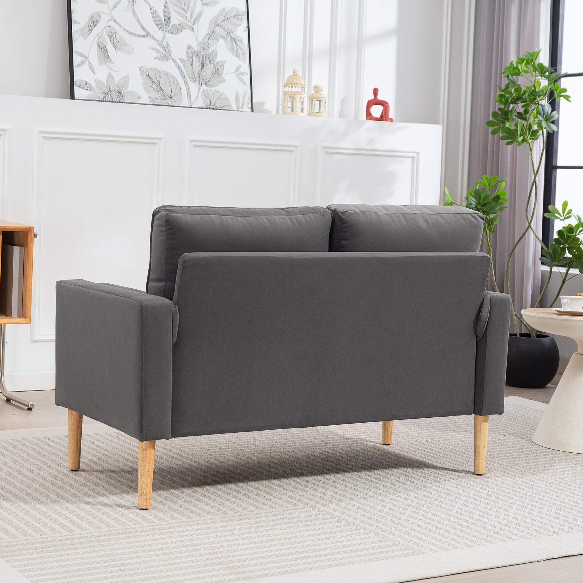 2-Seater Modern Velvet Sofa 127 cm, Thick Spring Cushions, Rubberwood Legs, 2 Pillows and Tufted Seat, 2-Seat Couch for Living Room, Bedroom, Small Spaces, Gray