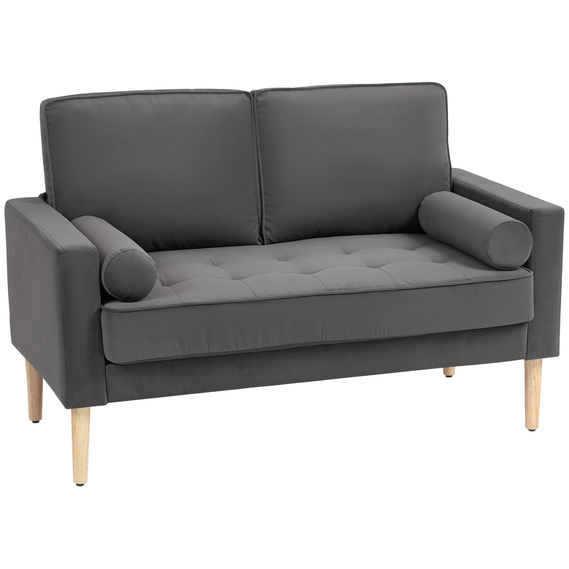 2-Seater Modern Velvet Sofa 127 cm, Thick Spring Cushions, Rubberwood Legs, 2 Pillows and Tufted Seat, 2-Seat Couch for Living Room, Bedroom, Small Spaces, Gray