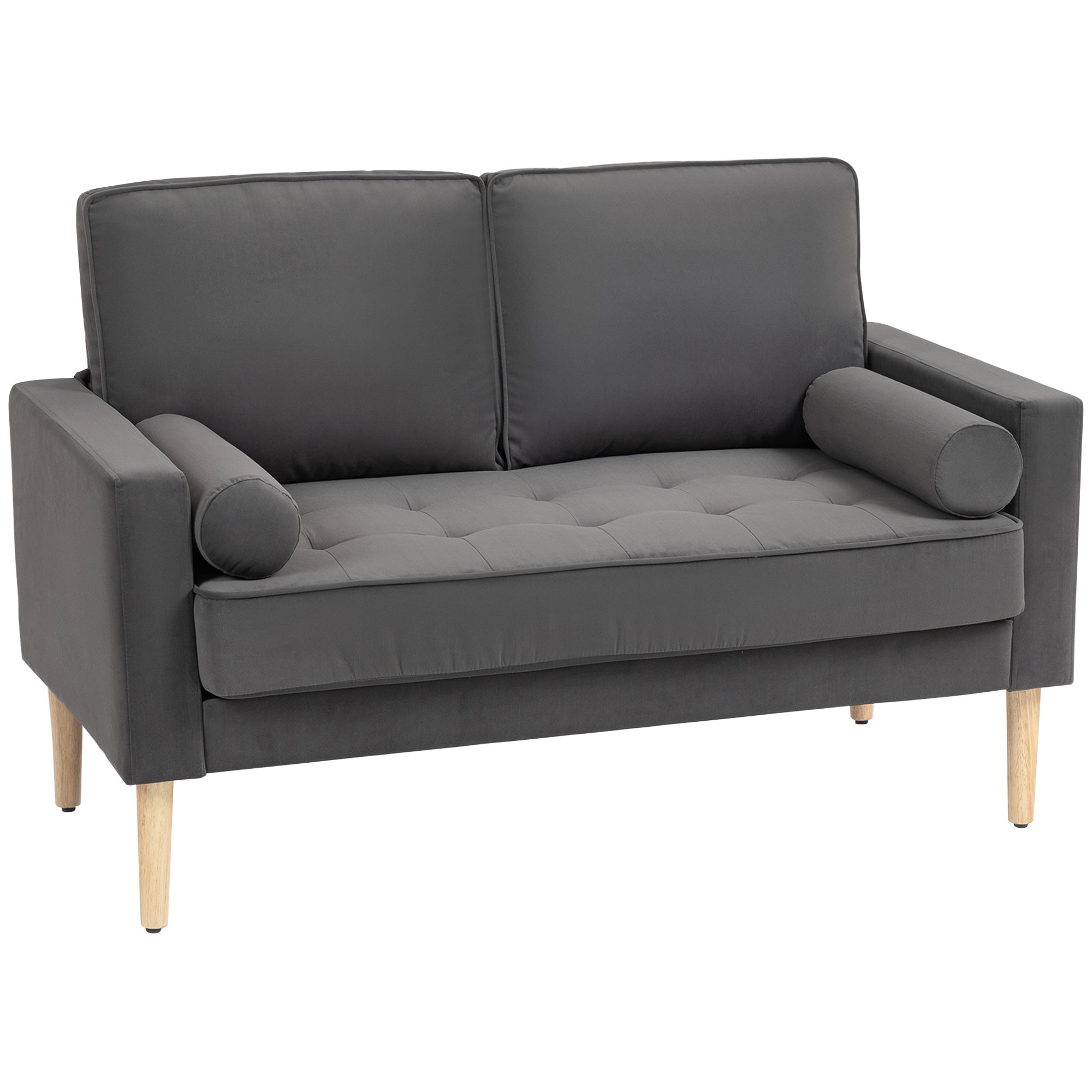 2-Seater Modern Velvet Sofa 127 cm, Thick Spring Cushions, Rubberwood Legs, 2 Pillows and Tufted Seat, 2-Seat Couch for Living Room, Bedroom, Small Spaces, Gray