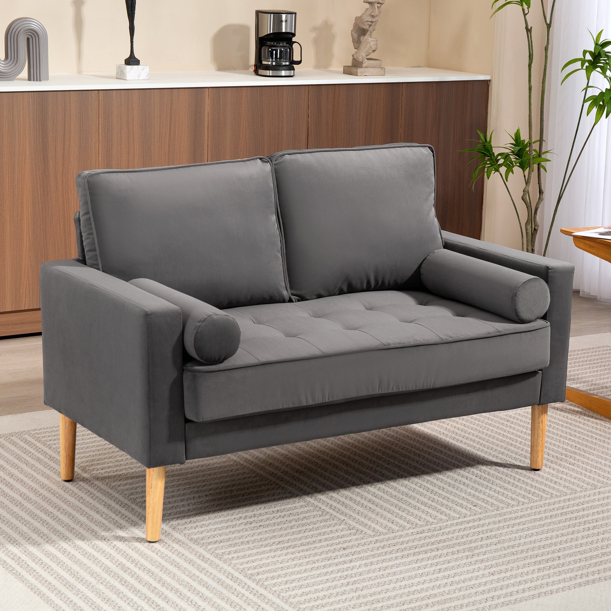 2-Seater Modern Velvet Sofa 127 cm, Thick Spring Cushions, Rubberwood Legs, 2 Pillows and Tufted Seat, 2-Seat Couch for Living Room, Bedroom, Small Spaces, Gray