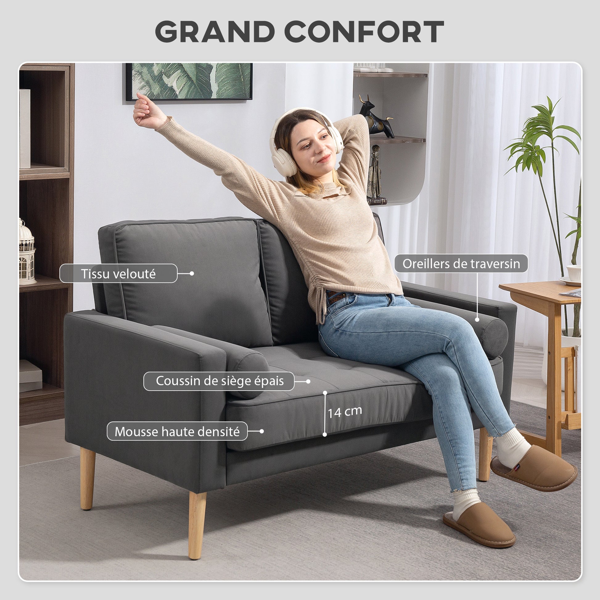 2-Seater Modern Velvet Sofa 127 cm, Thick Spring Cushions, Rubberwood Legs, 2 Pillows and Tufted Seat, 2-Seat Couch for Living Room, Bedroom, Small Spaces, Gray