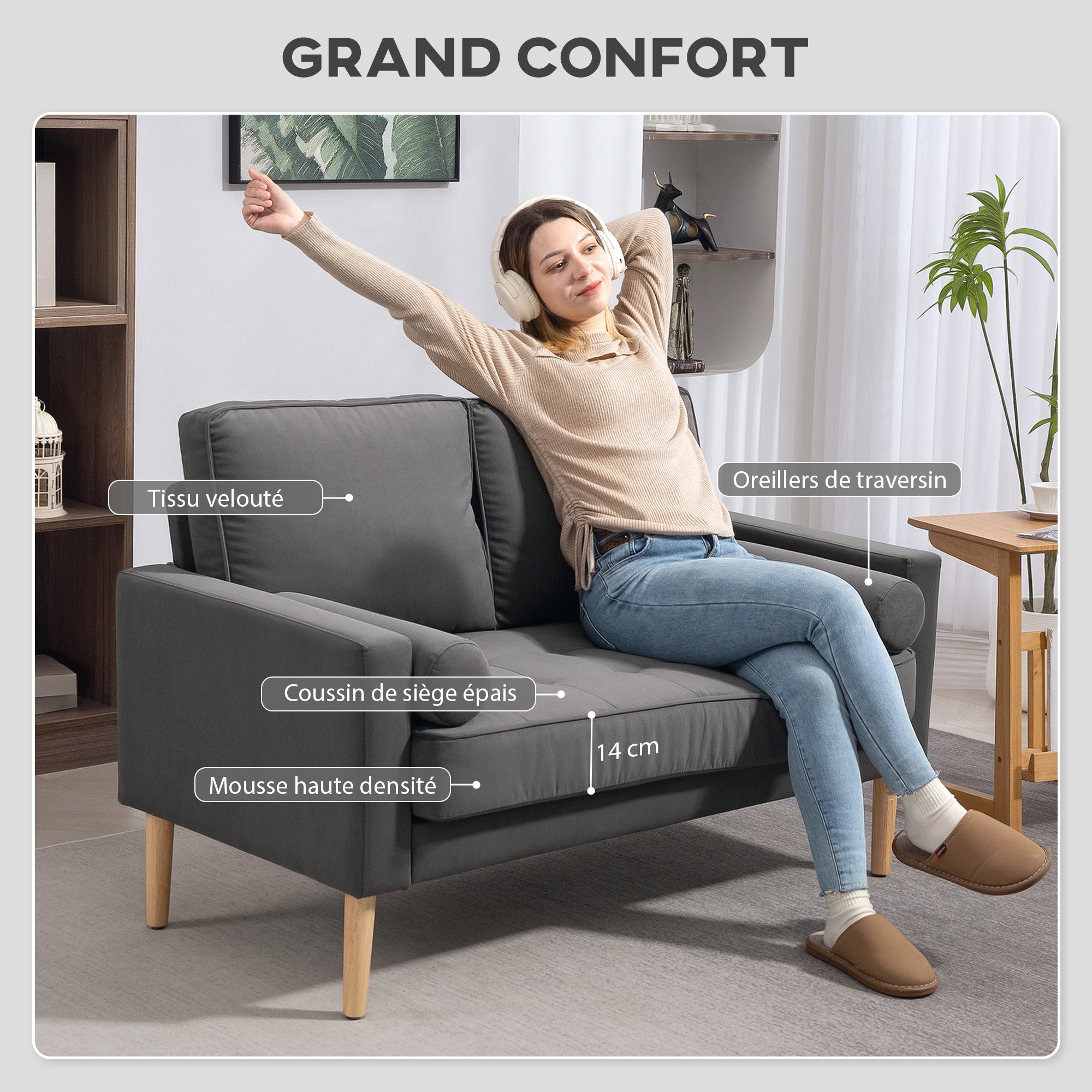2-Seater Modern Velvet Sofa 127 cm, Thick Spring Cushions, Rubberwood Legs, 2 Pillows and Tufted Seat, 2-Seat Couch for Living Room, Bedroom, Small Spaces, Gray