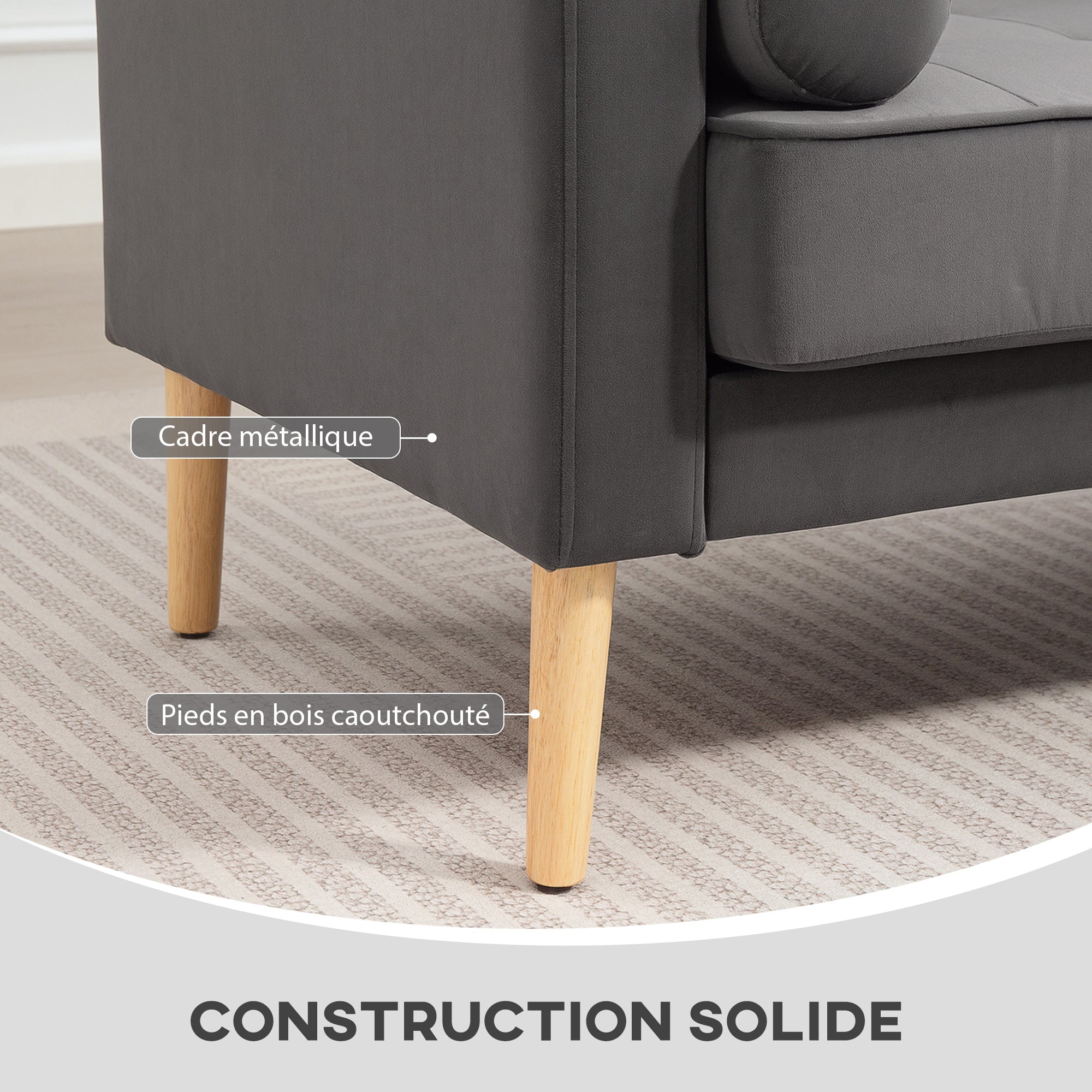 2-Seater Modern Velvet Sofa 127 cm, Thick Spring Cushions, Rubberwood Legs, 2 Pillows and Tufted Seat, 2-Seat Couch for Living Room, Bedroom, Small Spaces, Gray