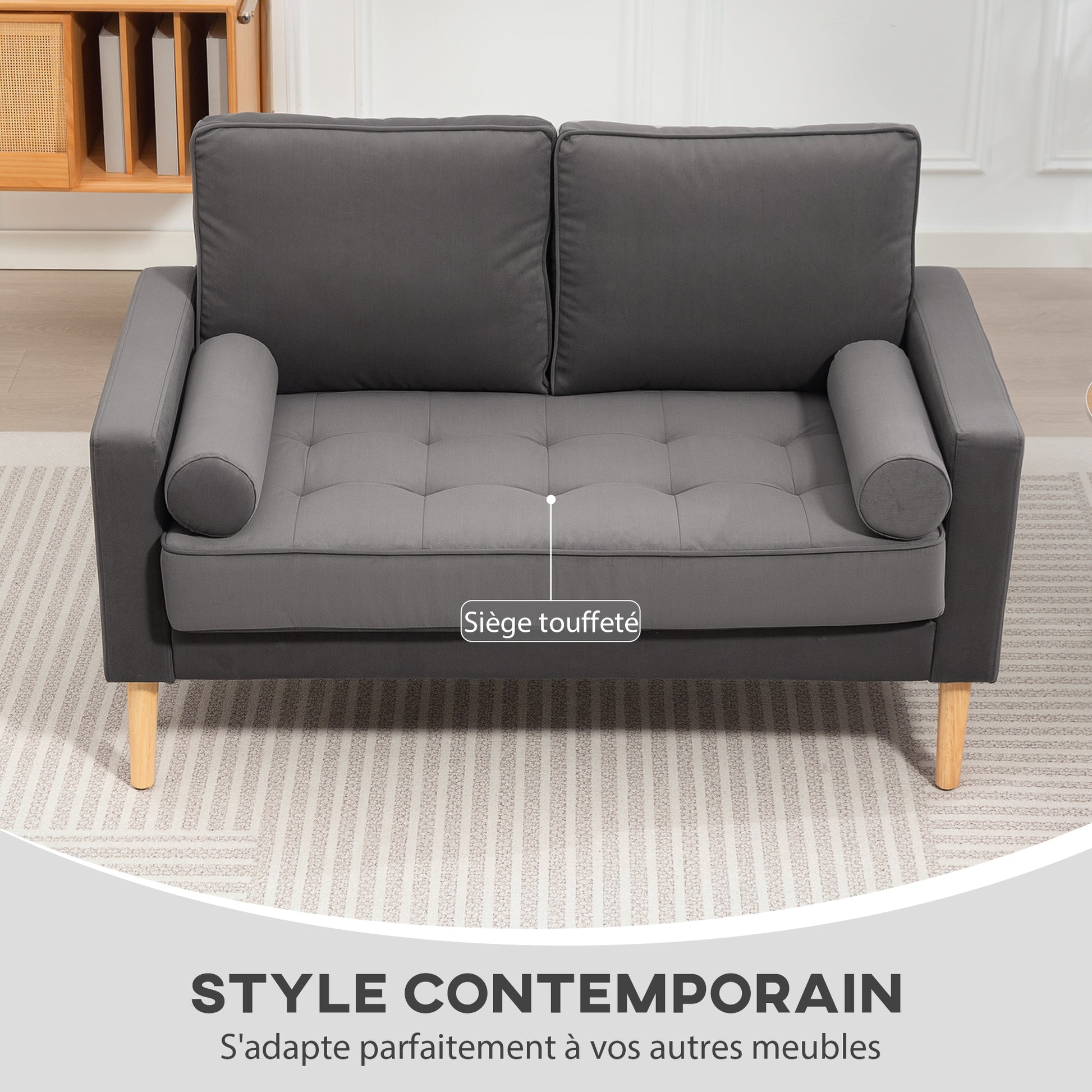 2-Seater Modern Velvet Sofa 127 cm, Thick Spring Cushions, Rubberwood Legs, 2 Pillows and Tufted Seat, 2-Seat Couch for Living Room, Bedroom, Small Spaces, Gray