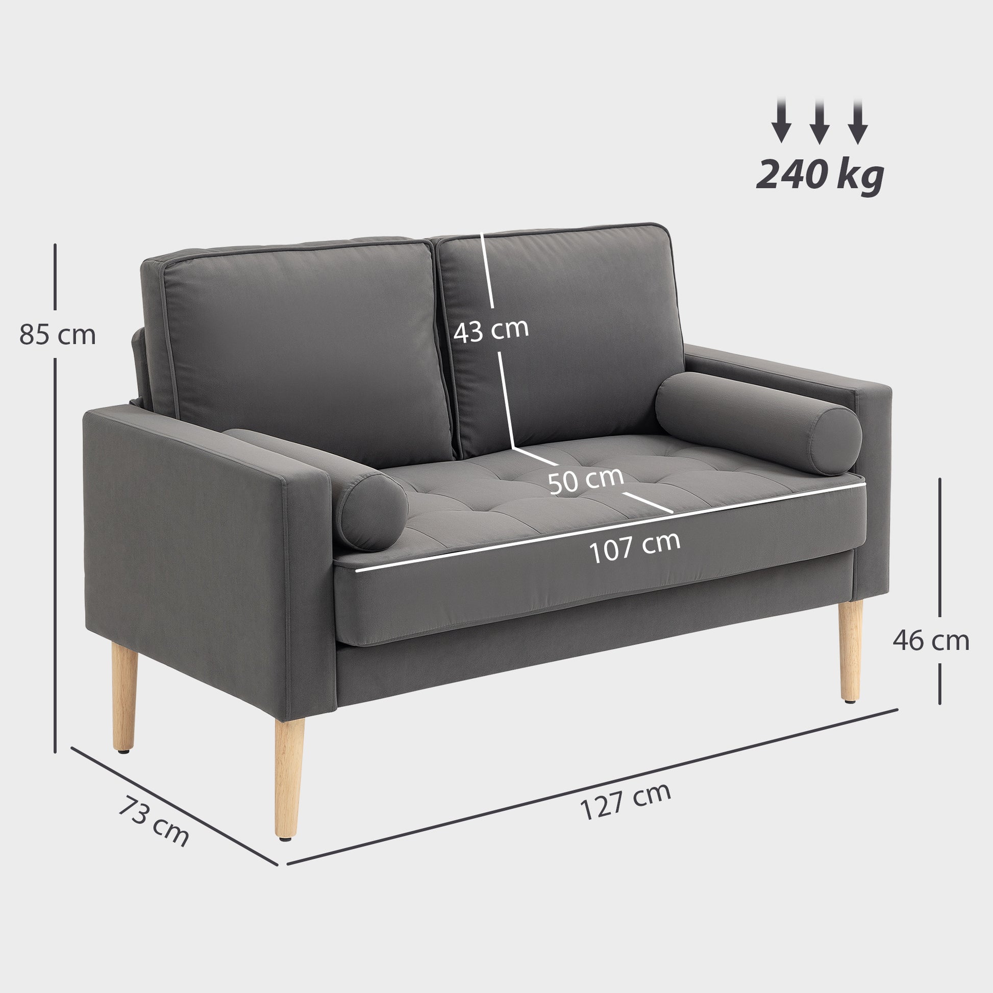 2-Seater Modern Velvet Sofa 127 cm, Thick Spring Cushions, Rubberwood Legs, 2 Pillows and Tufted Seat, 2-Seat Couch for Living Room, Bedroom, Small Spaces, Gray