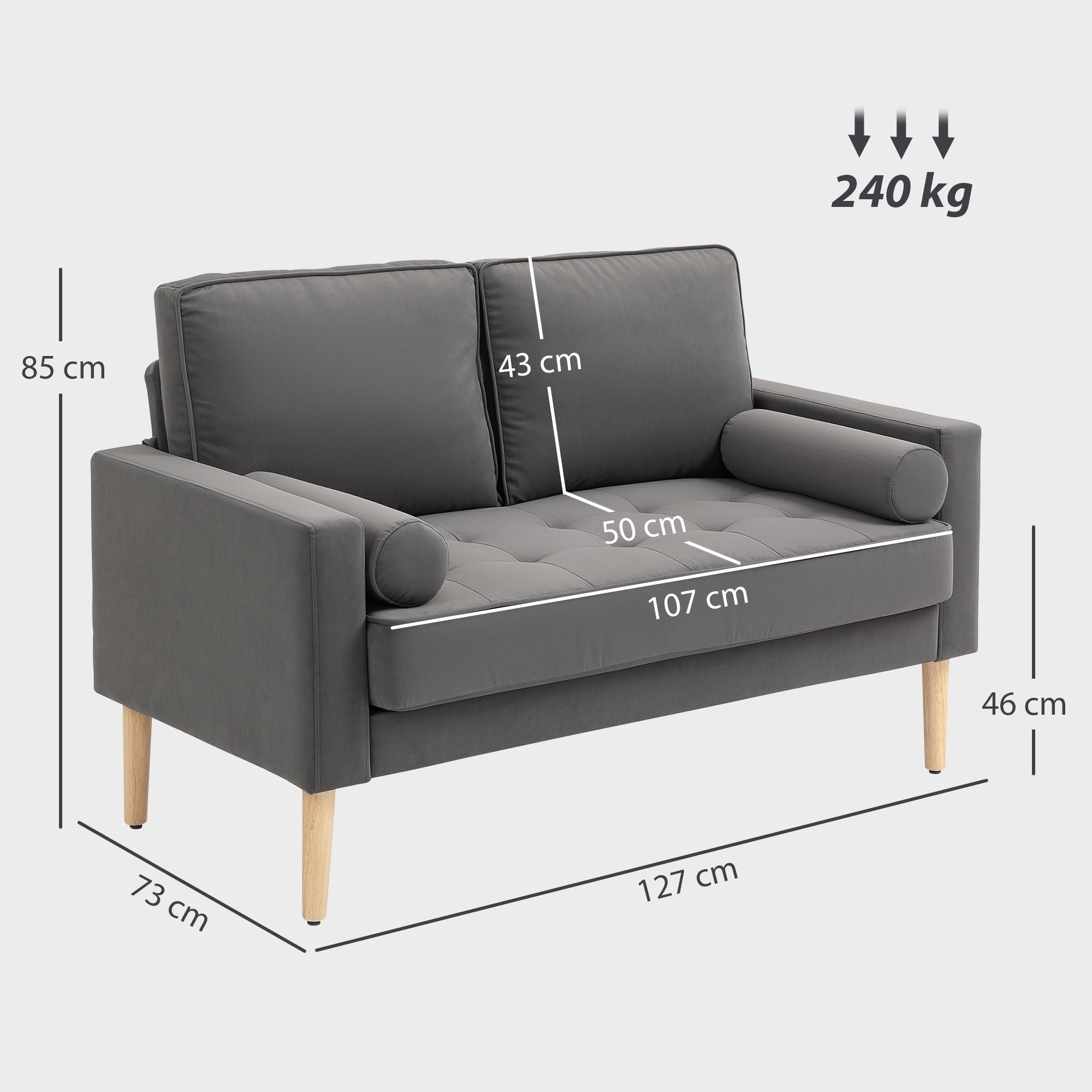 2-Seater Modern Velvet Sofa 127 cm, Thick Spring Cushions, Rubberwood Legs, 2 Pillows and Tufted Seat, 2-Seat Couch for Living Room, Bedroom, Small Spaces, Gray