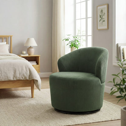 Swivel Lounge Chair with Wide Seat — Modern Upholstered Armchair with Curved Back and Thick Padding, Corduroy Look, Green