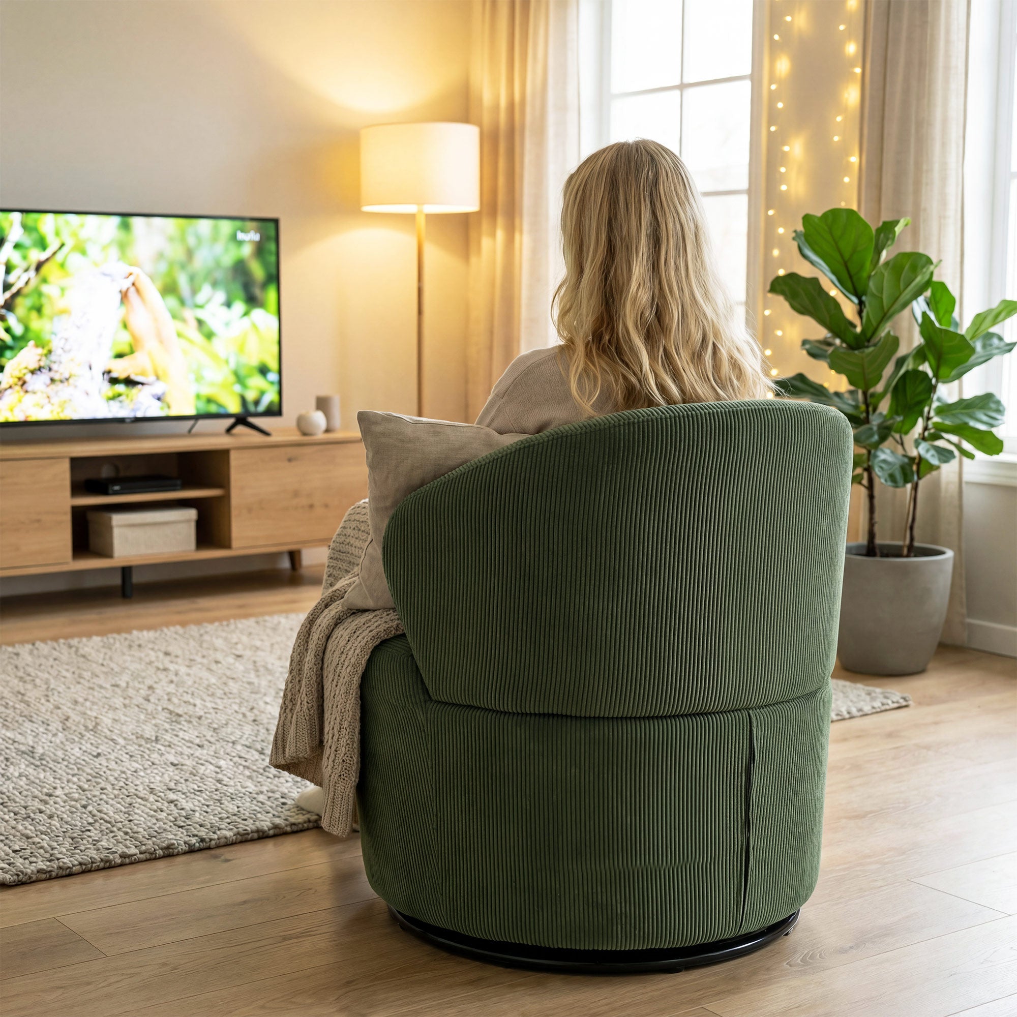 Swivel Lounge Chair with Wide Seat — Modern Upholstered Armchair with Curved Back and Thick Padding, Corduroy Look, Green