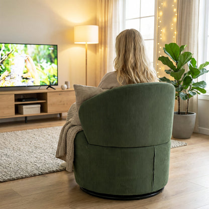 Swivel Lounge Chair with Wide Seat — Modern Upholstered Armchair with Curved Back and Thick Padding, Corduroy Look, Green