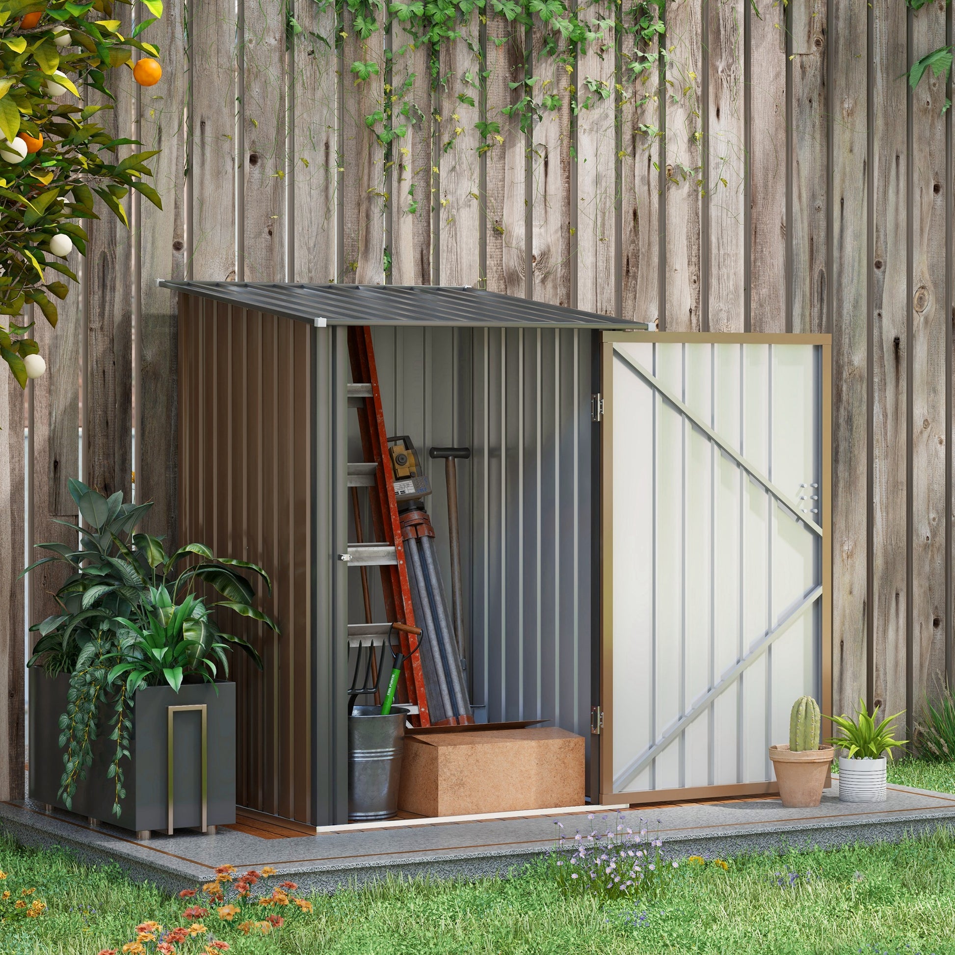 Metal Tool Shed 1.6m³ 100x103x160cm Garden Shed with Pent Roof Lockable Door Weatherproof Outdoor Storage Cabinet for Garden Yard, Brown