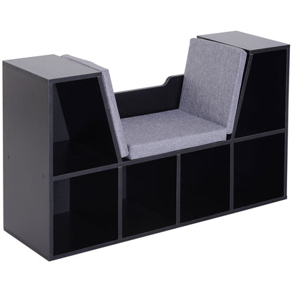 Contemporary Design 2-in-1 Bookshelf Bench with 6 Compartments and 3 Cushions 102L x 30W x 61H cm Black Gray