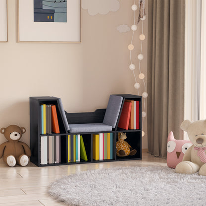 Contemporary Design 2-in-1 Bookshelf Bench with 6 Compartments and 3 Cushions 102L x 30W x 61H cm Black Gray