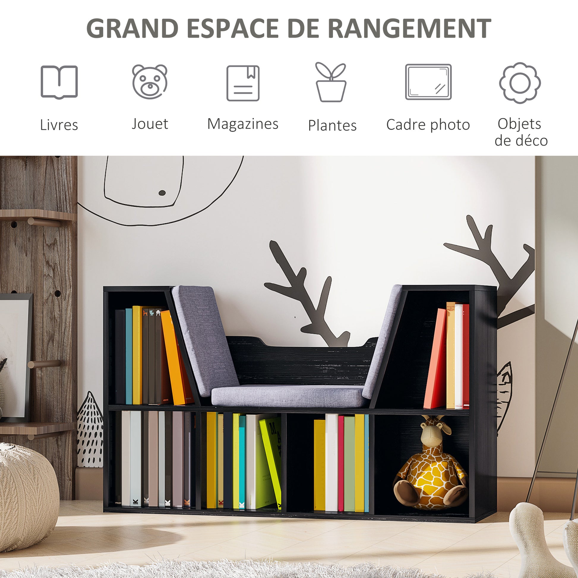 Contemporary Design 2-in-1 Bookshelf Bench with 6 Compartments and 3 Cushions 102L x 30W x 61H cm Black Gray