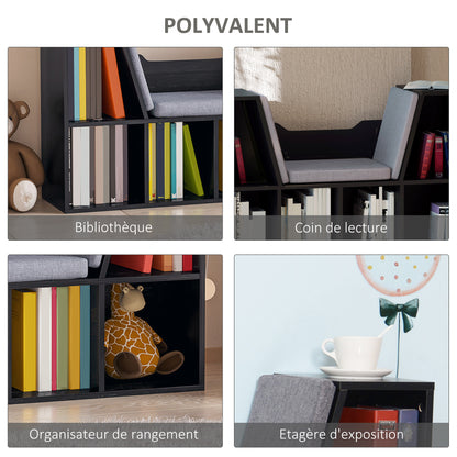 Contemporary Design 2-in-1 Bookshelf Bench with 6 Compartments and 3 Cushions 102L x 30W x 61H cm Black Gray